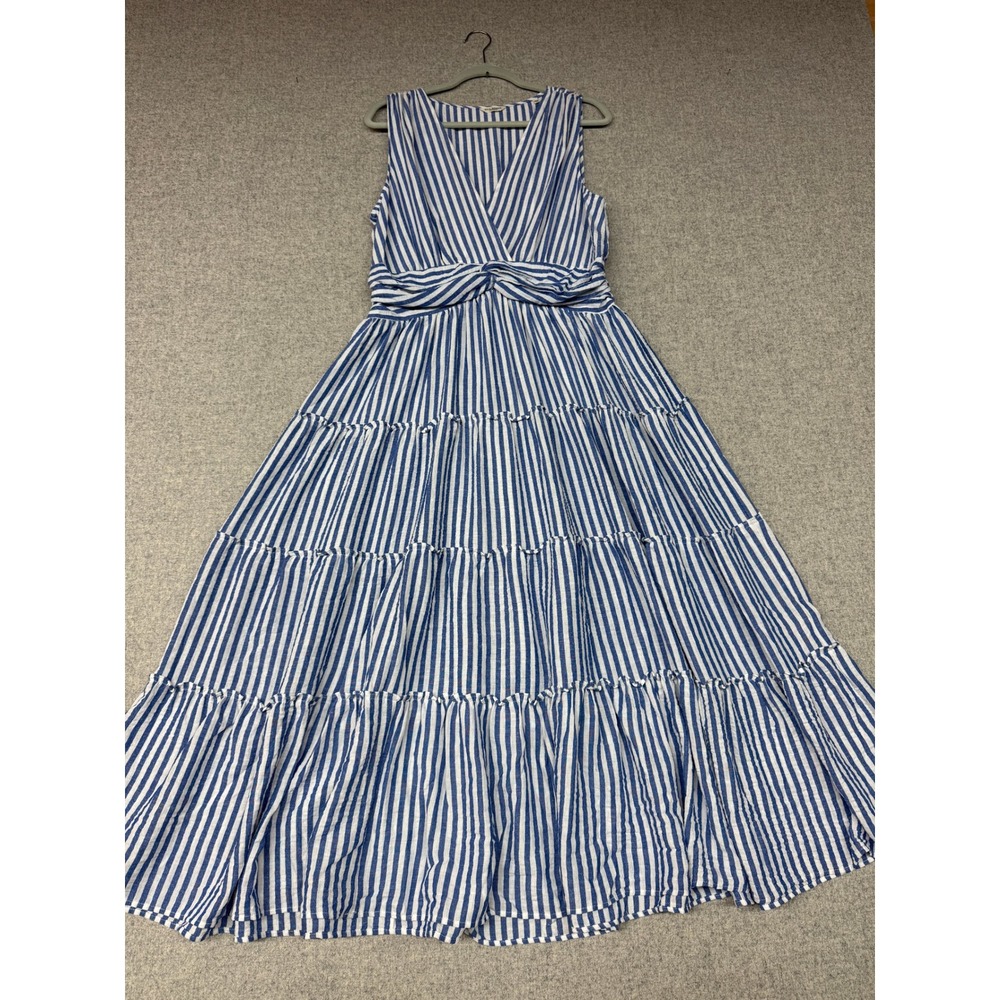 Max Studio London Maxi Dress Small Blue White Stripe Tiered Smocked Twist Waist